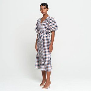 Brunna Co Gingham Linen Midi Dress Size Small. Brown Blue Red